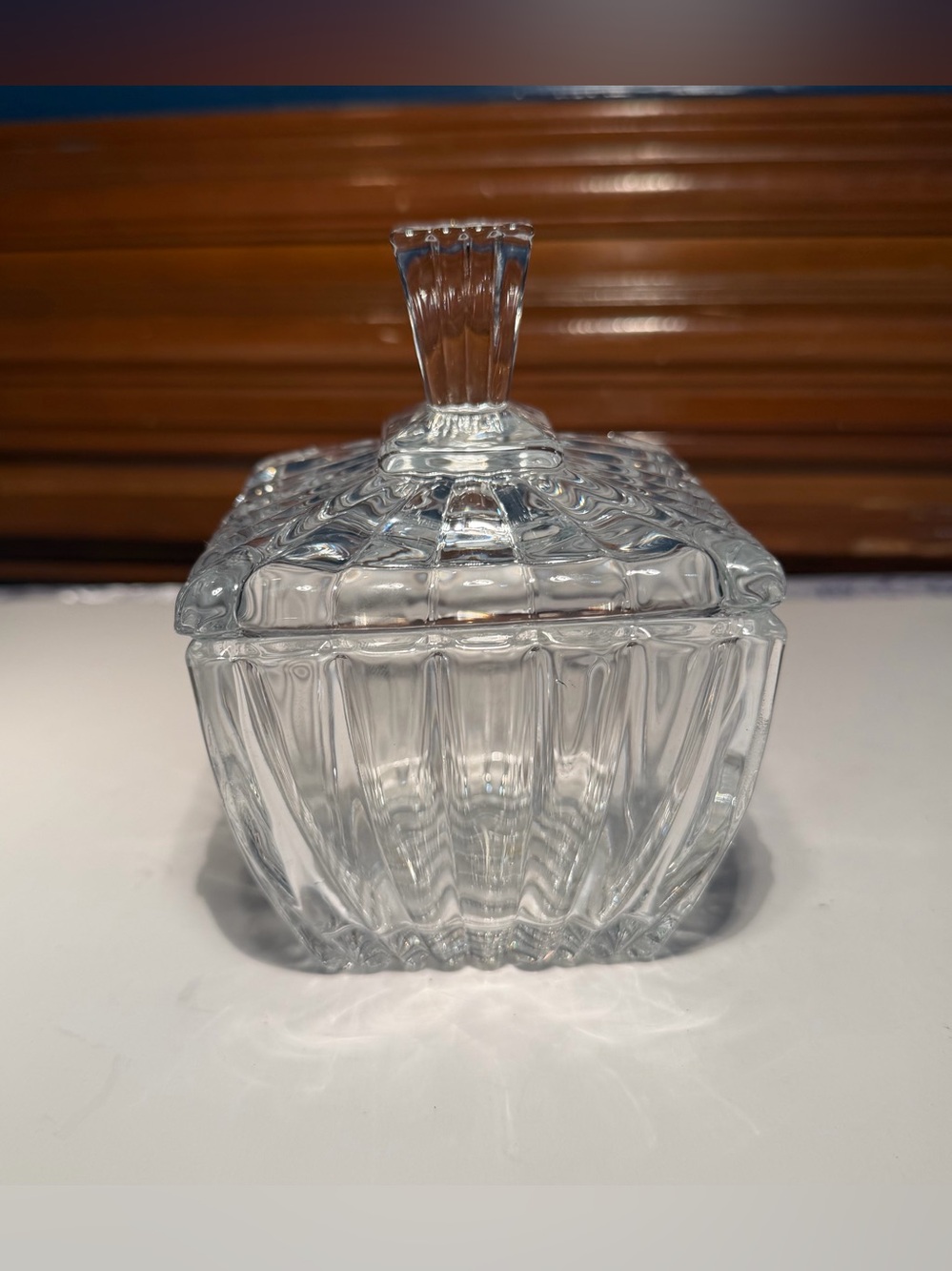 Crystal Clear Industries Crystal Candy Dish Ribbed Design Square Tapered Lid VTG